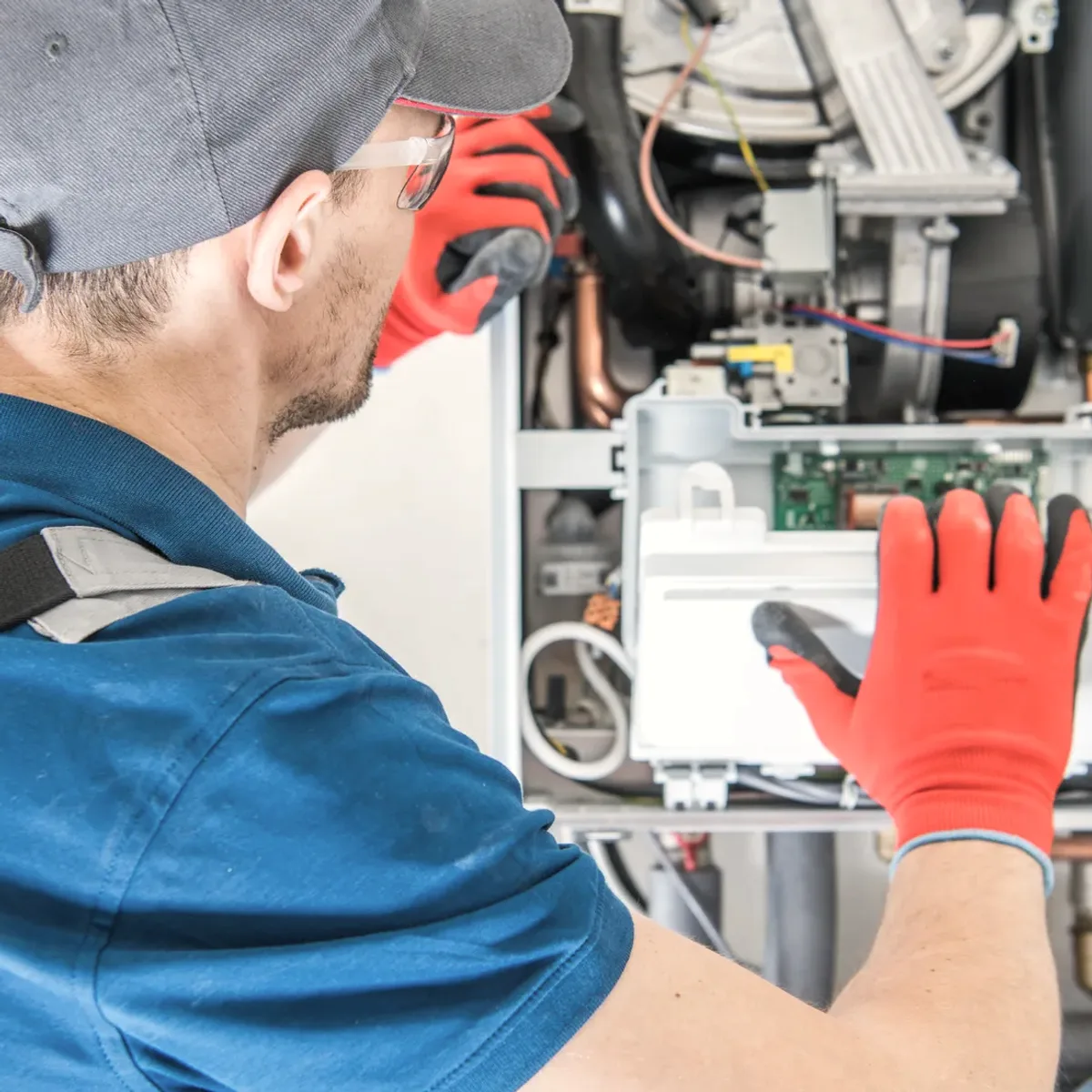 Technician in red gloves servicing a boiler's controls