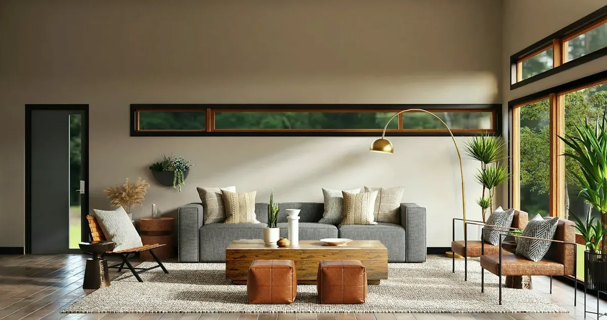 Bright living room with a grey sofa and large windows